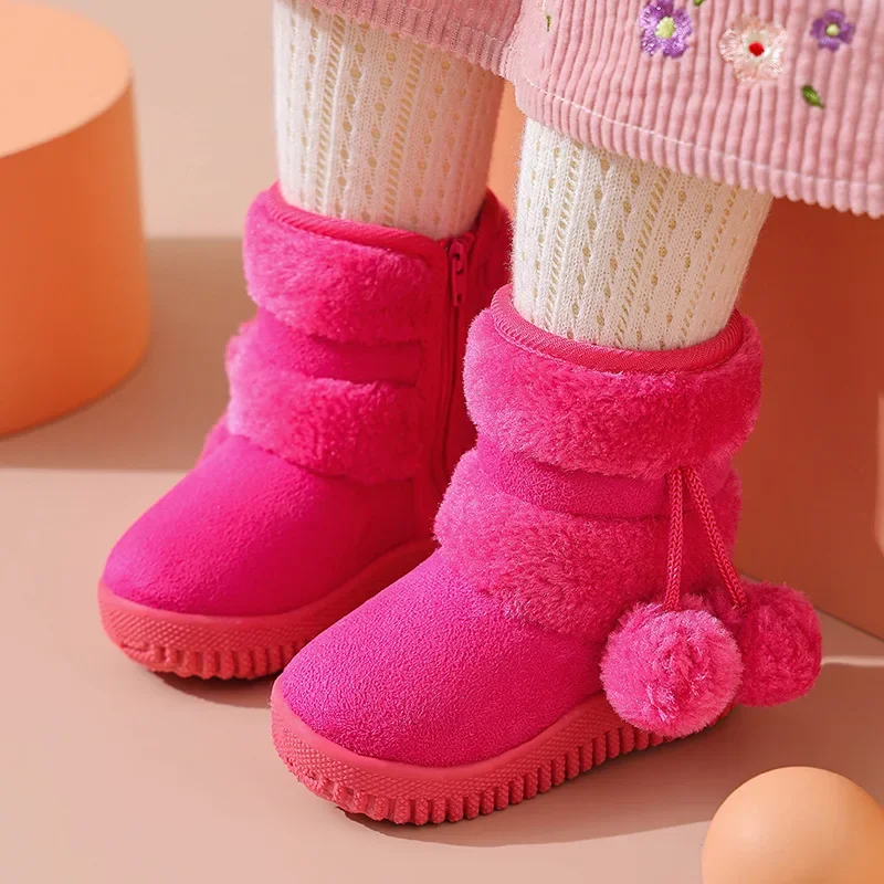 

Children Winter Fleece Thickened Short Cotton Boots Girls Mid Leg Snow Boots Comfortable Boys Solid Color Wool Ball Cotton Shoes