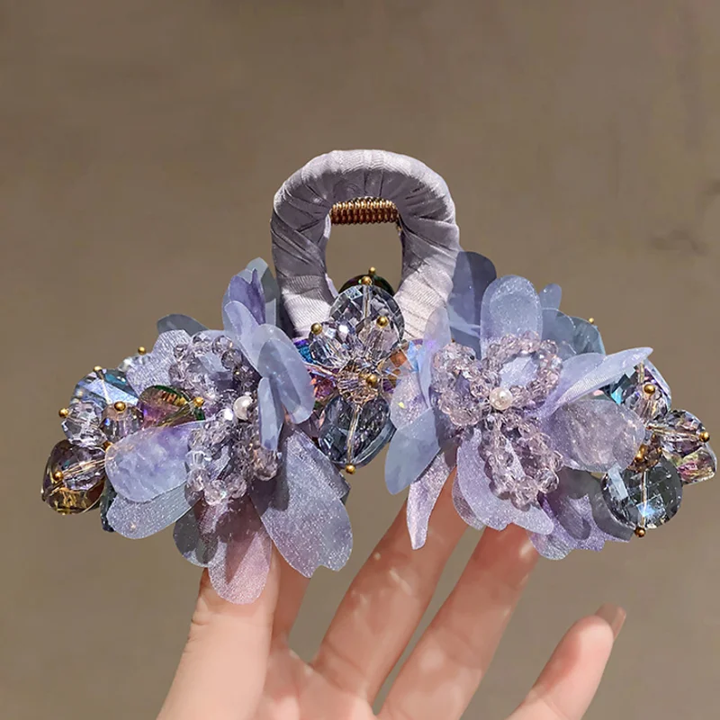 Luxury Purple Crystal Mesh Flower Shark Hair Clip Fairy Glitter Hair Claw Large Capacity Hair Barrettes Women Hair Accessories