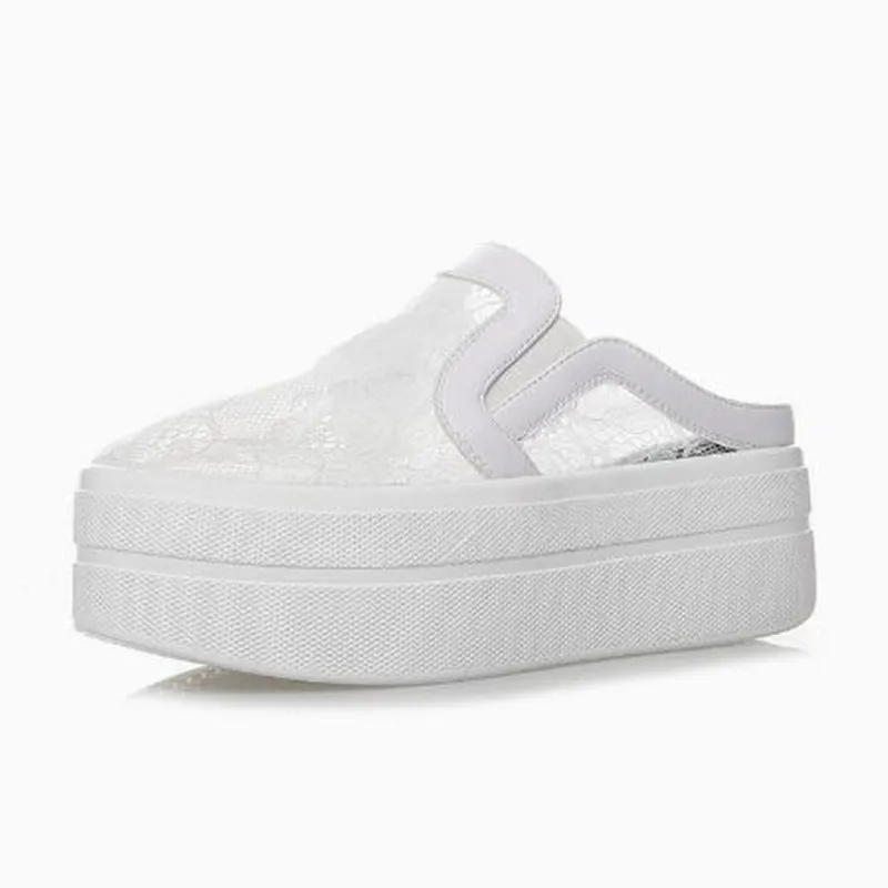 

8cm 2026 Air Mesh Lace Genuine Leather Comfy Platform Wedge Slippers High Brand Breathable Summer Platform Wedge Casual Shoes
