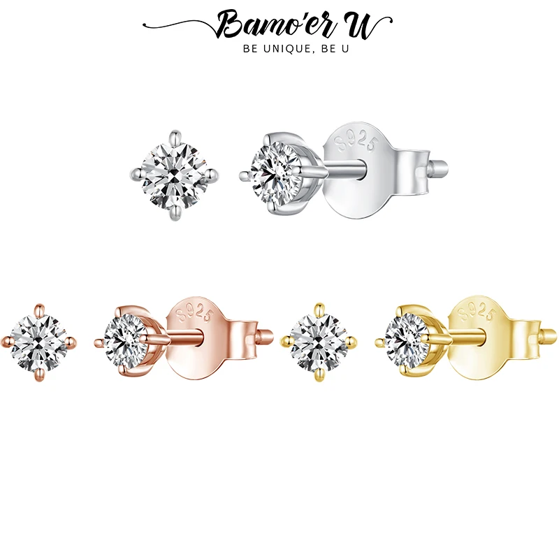 Bamoer U 0.5CT مويسانيتي وأقراط مطلية بالذهب 925 فضة 4-الشق حلق صغير أصلي للنساء هدية يومية لطيفة #1