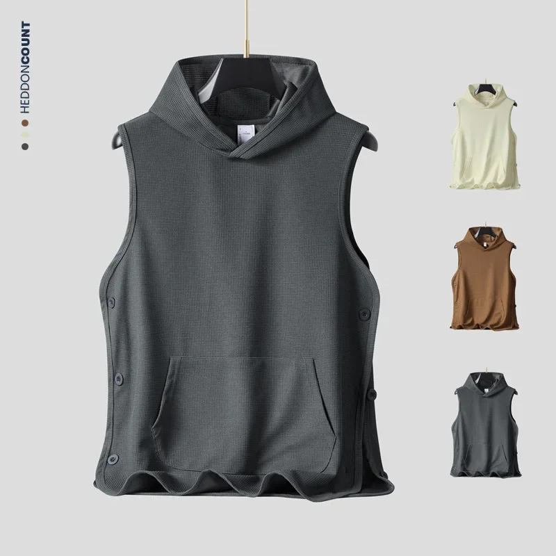 Pop Waffle Hooded Sleeveless Vest Summer New Fashion Solid Color Breasted Solid Color Casual Trendy Sleeveless T-shirts Male Clo