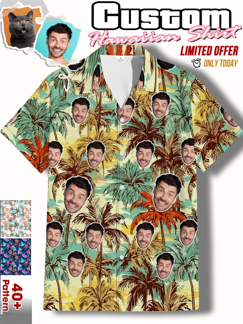 Free Custom Photo Face Team Hawaiian Man Shirts Coconut Tree Pattern Personalized Diy Face Beach Men Short Sleeve Aloha Shirts