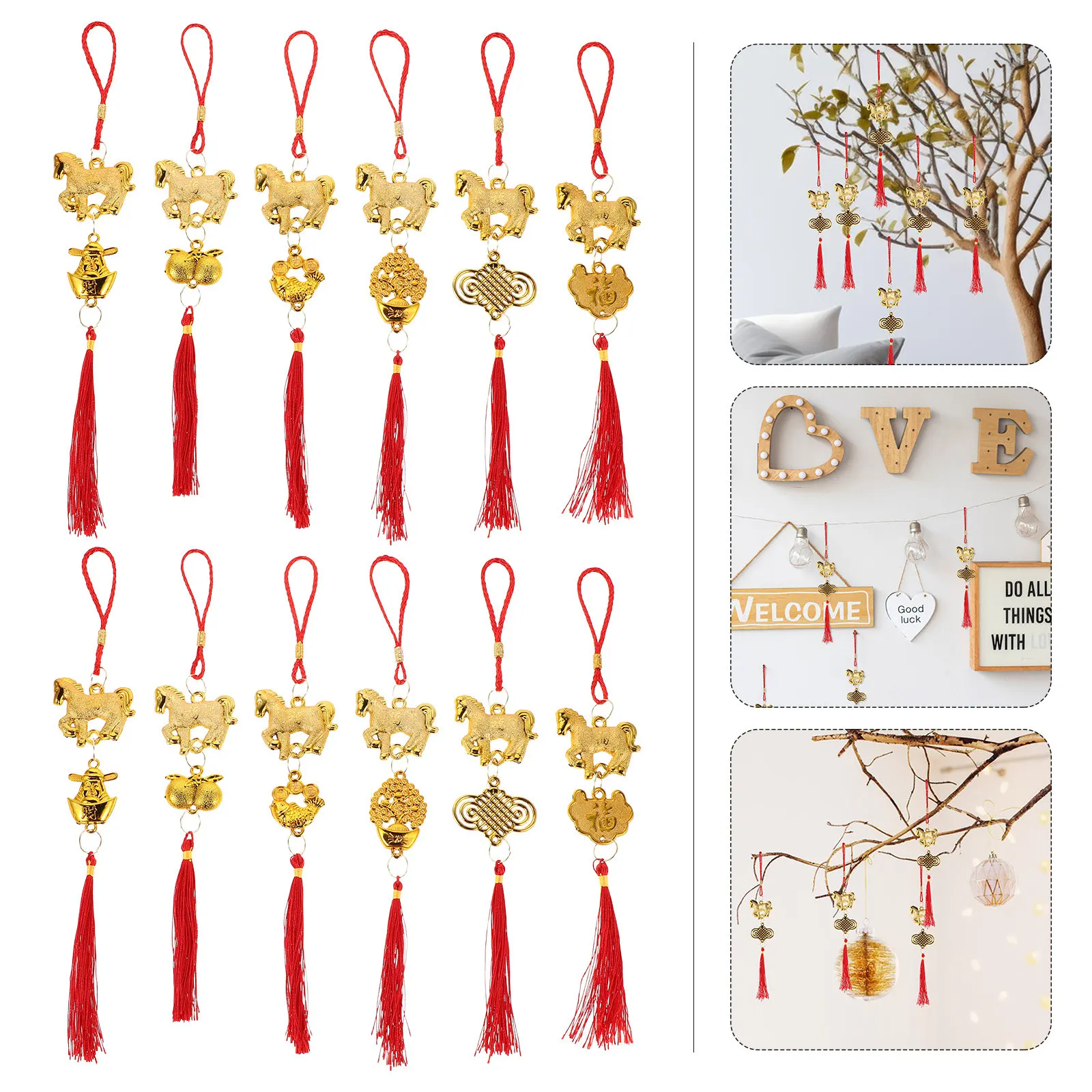 

12pcs 2026 Year Of The Horse Knot Charm Chinese Wall Hanging Ornament Car Pendant Tassel Feng Shui Charm Wealth Good Luck decor