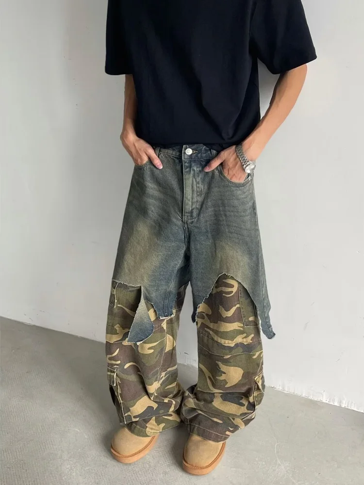 

2025 Ropa Y2K Grunge Camouflage Patchwork Baggy Stacked Jeans Pants For Men Clothing New Rock Wide Leg Straight Denim Trousers