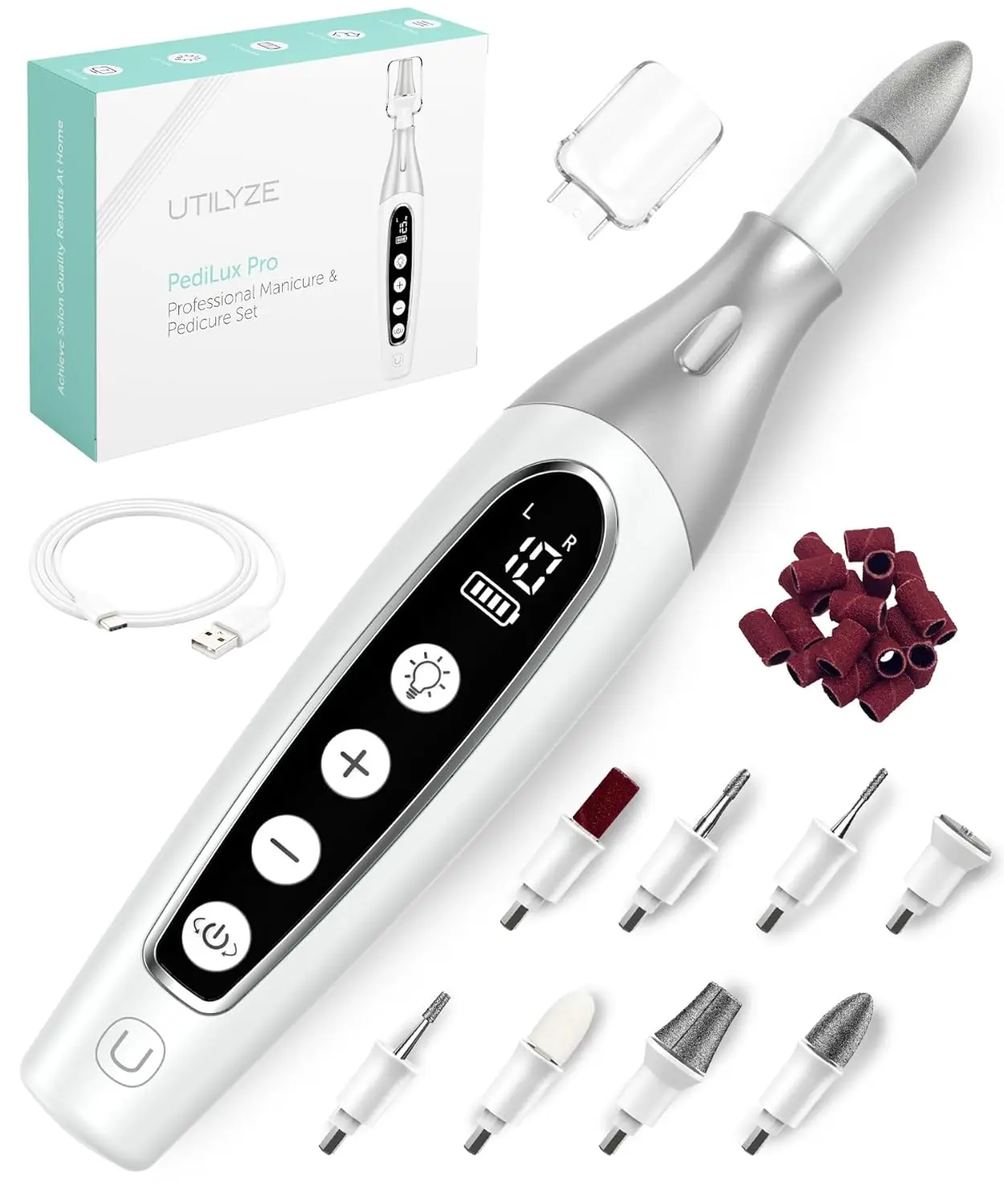 

Cordless Electric Nail File Drill Set, 10-Speed Manicure Pedicure Kit with LED Display, 32-Piece for Natural, Acrylic, Gel Nails
