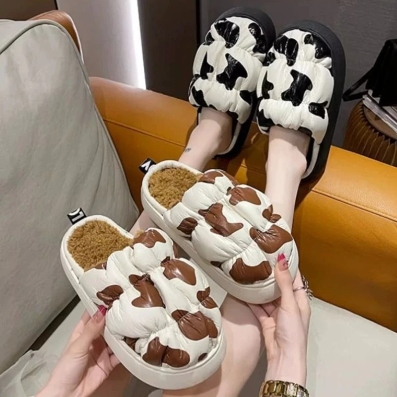 الخريف الشتاء صوف مبطن المرأة نعال من القطن البقرة طباعة لطيف سميكة وحيد الارتفاع زيادة المنزل مقاوم للماء الدافئة بعد الولادة