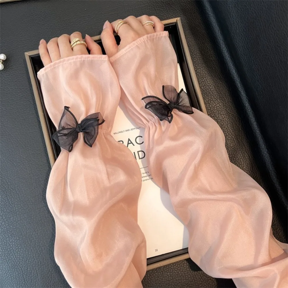 Ice Silk Women's Sun Protection Sleeves Bow Decor Loose Fit Arm Sleeve UV Protection Fairy Style Ice Sleeves Summer Outdoor