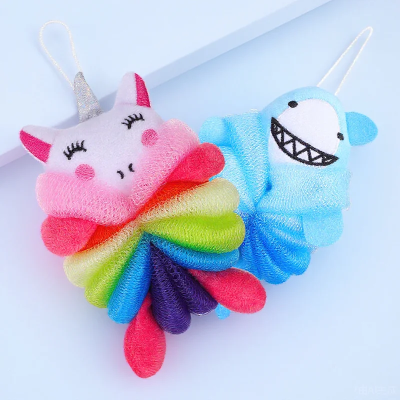 

2Pcs Cute Shower Loofah for Kids Bath Sponge Exfoliating Body Wash Ball Soft Skin Cleaning Scrubber with Hanging Lanyard