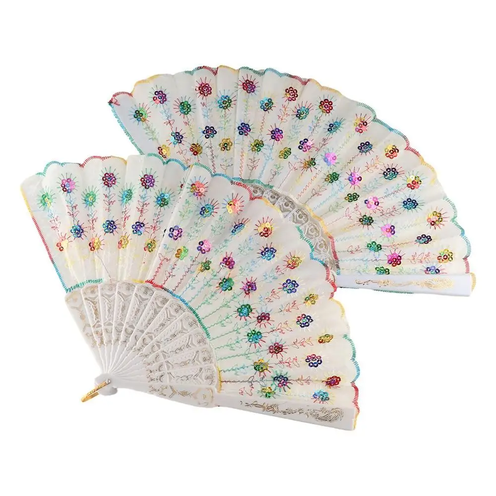 Traditional Giltter Sequins Folding Fan Plastic Handle Chinese Style Peacock Dancing Fan Handheld Hand Fan Summer