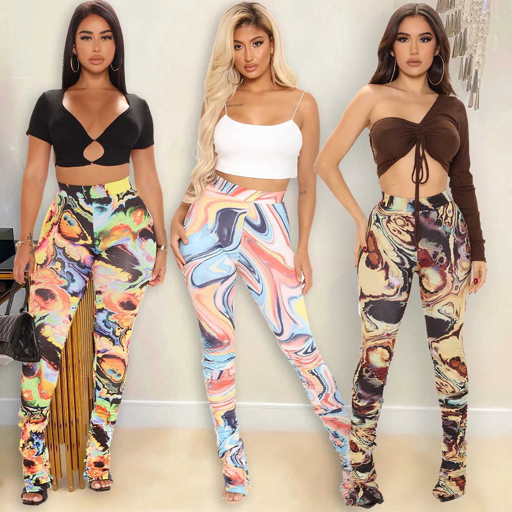 

Summer women's tight-fitting printed high-waisted irregular-pleated women's trousers temperament slim-fitting and thin exaggerat