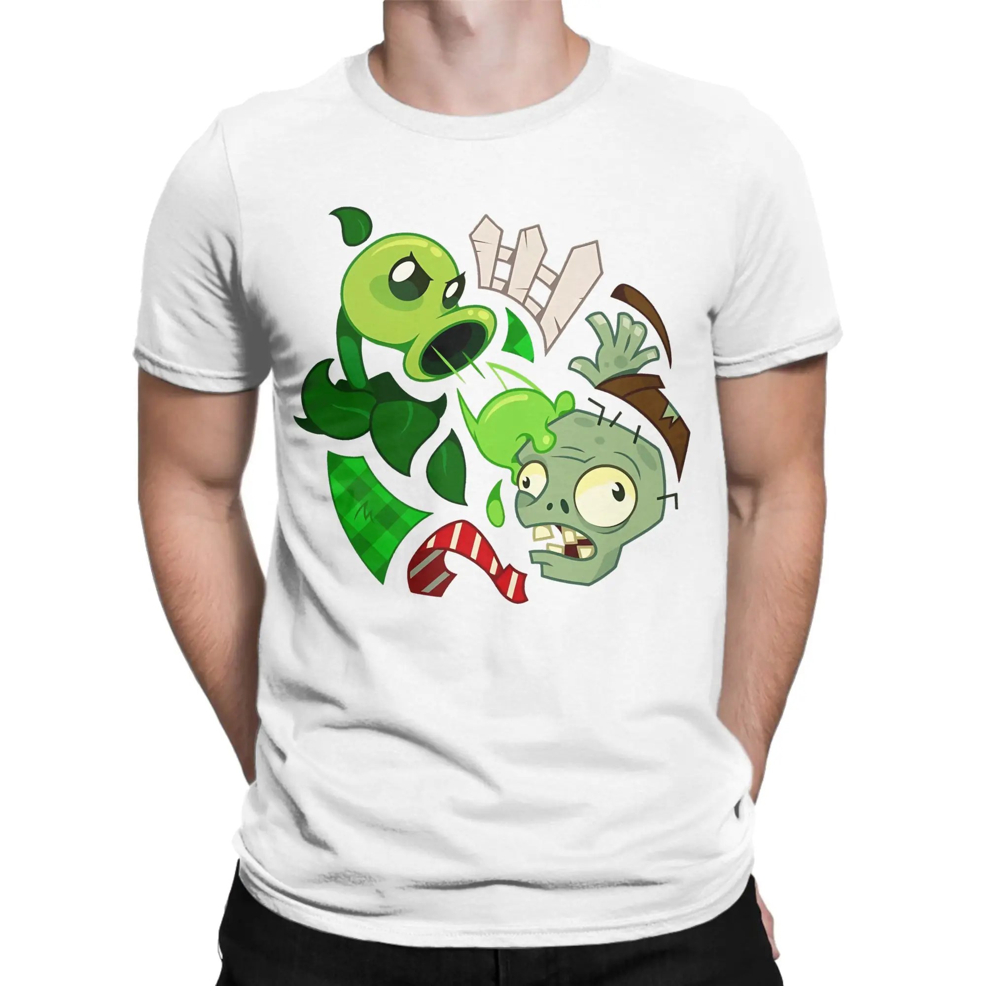 تي شيرت رجالي النباتات مقابل الزومبي البازلاء Peashooter مذهلة القطن الخالص تيز قصيرة الأكمام PVZ تي شيرت الجولة الرقبة بلايز هدية فكرة