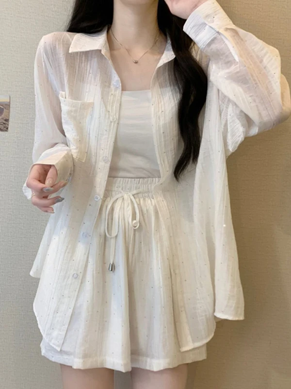 

Модный комплект больших размеров в корейском стиле: шорты с высокой талией на пуговицах, кардиган с длинными рукавами и воротником, топ для женщин, летний комплект.