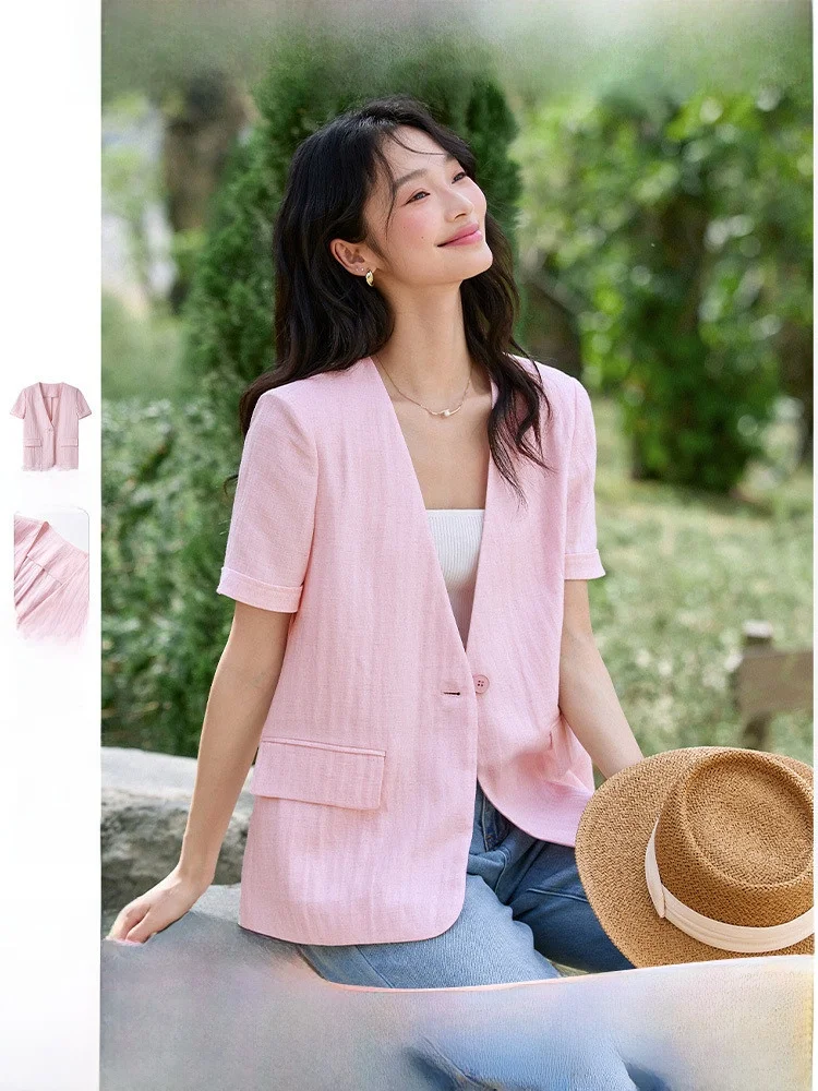 

Elegant One-Button Short-Sleeve Suit Jacket Women's V-Neck Commute Top Fashionable Casual Summer New Arrival Single Button