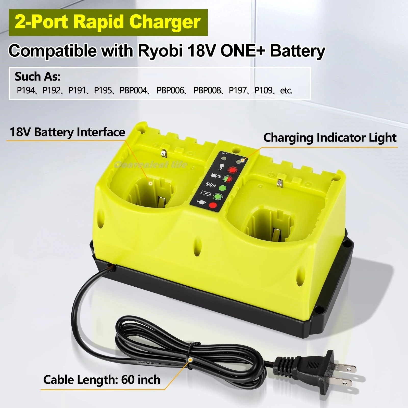 Station de charge rapide 2 ports compatible avec les outils multifonctions à batterie Ryobi ONE+ 18 V Chargeur ultra-rapide avec témoin lumineux de charge et protection de sécurité à 6 points