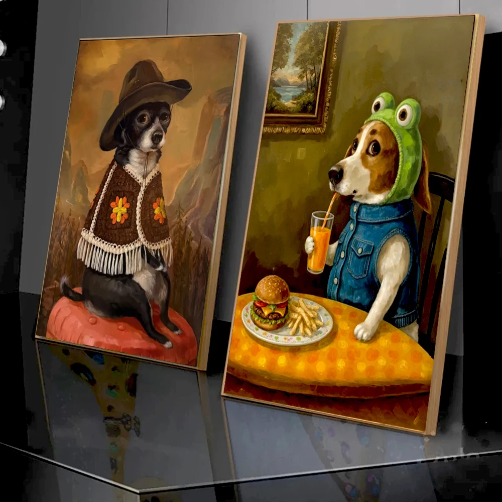 Vintage Funny Cute Puppy Dog Eating Pizza Animal Canvas Poster Print Retro Kitten Eating Cookies Art for Living Room Decorations