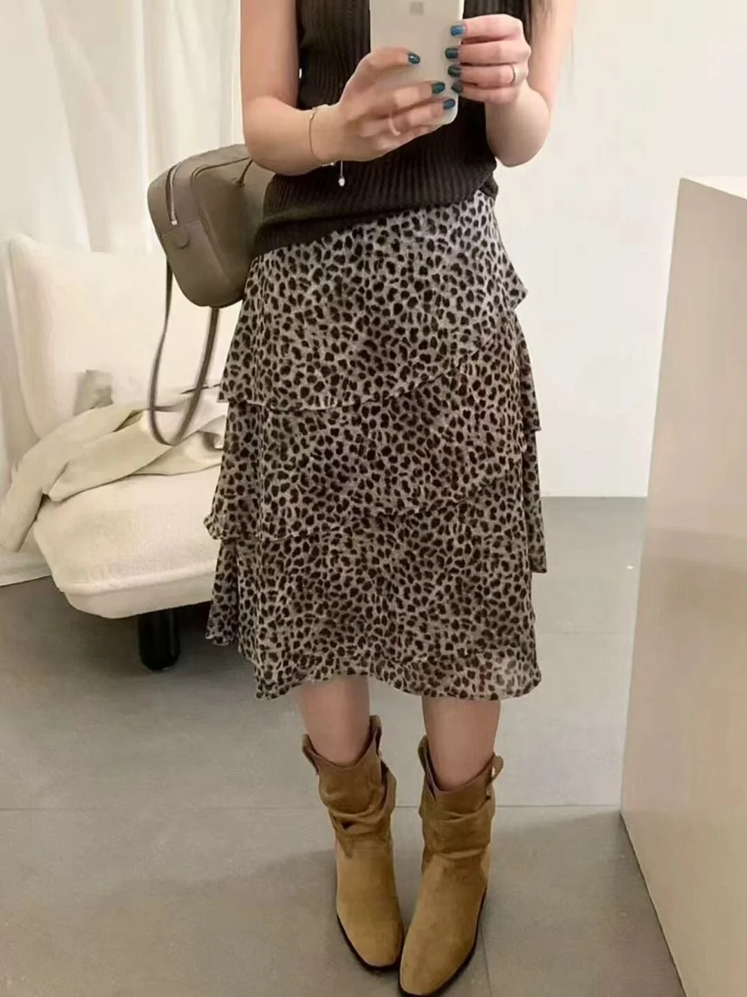 Black Polka Dot Leopard Print High Waist A-Line  Skirt Women's Summer Mid-Length Cake Skirt Asymmetrical Elastic Waist