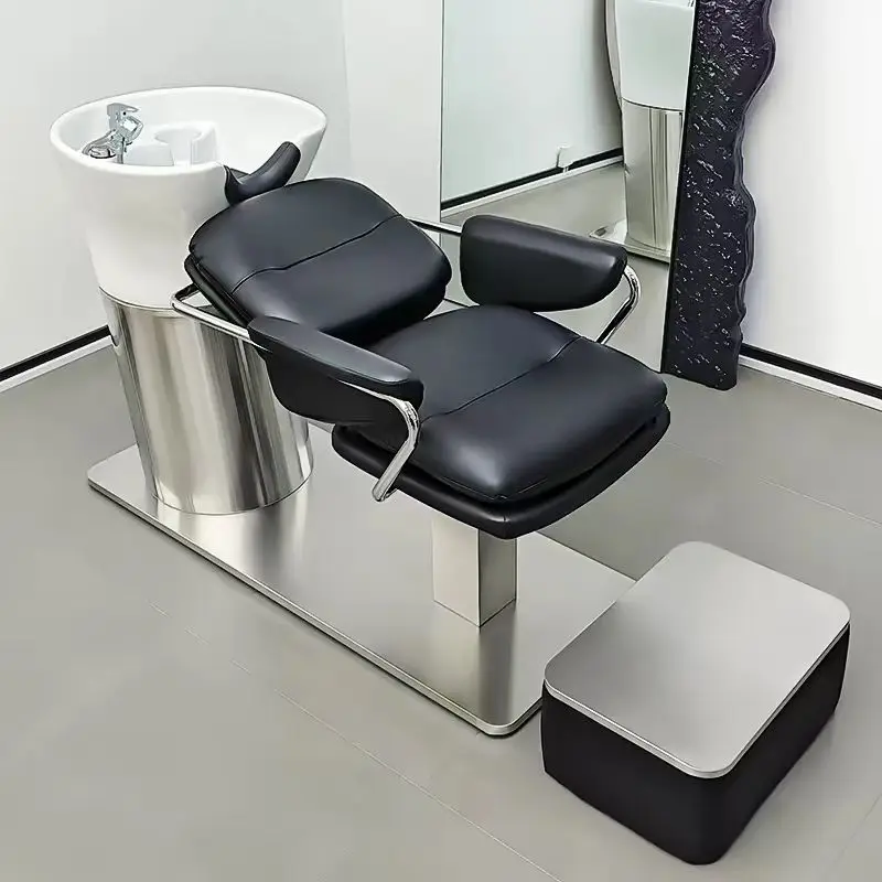 ！@Minimalist Hair Salon, Ceramic Basin Wash Bed, Semi Reclining Stainless Steel Flushing Bed,  Salon Exclusive Hair Bed
