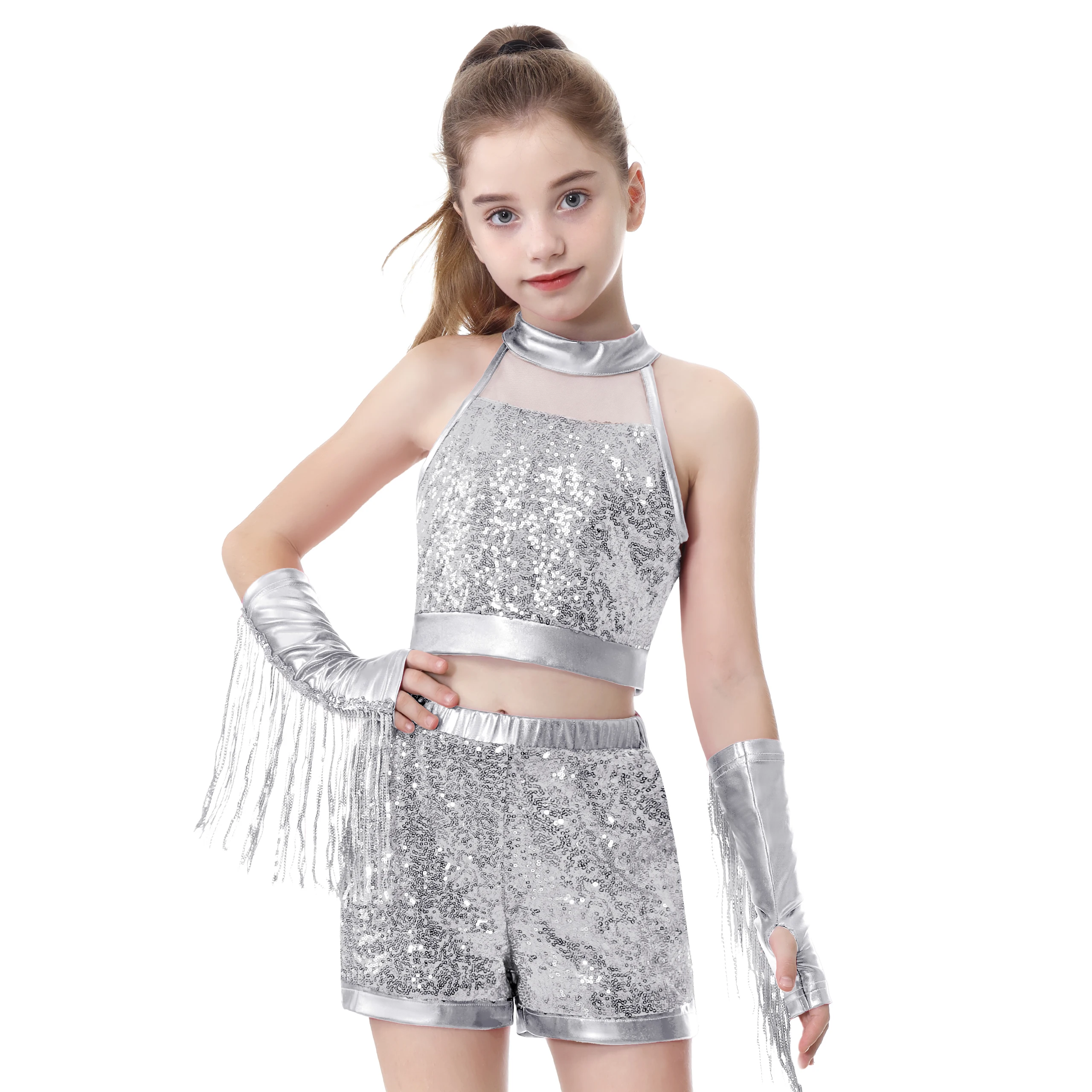 LOlanta Girls Sequin Dance Outfit Crop Sequin Top Metallic Shorts with Tassel Arm Sleeves Recital Costumes 5-13 Years