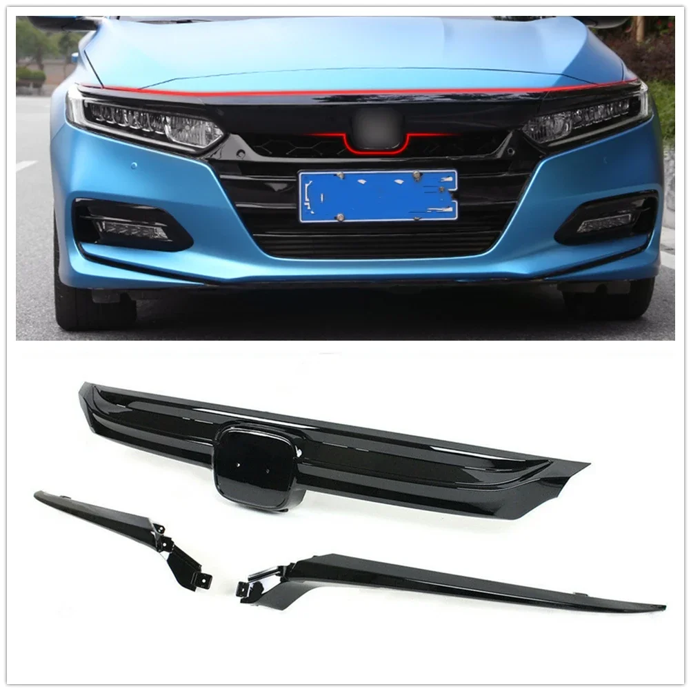 

New！ Glossy Black Upper Front Grille Bumper Hood Grill+Headlight Eyebrow For Honda Accord 2018-2020 10th Gen Sedan JDM Sport Sty