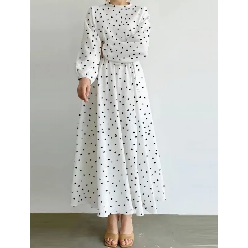 

Heart Print Long Dress Women Korean Style Fashion Puff Sleeve O-neck Elastic Waist Elegant Sundress A-line Vacation Dresses Robe