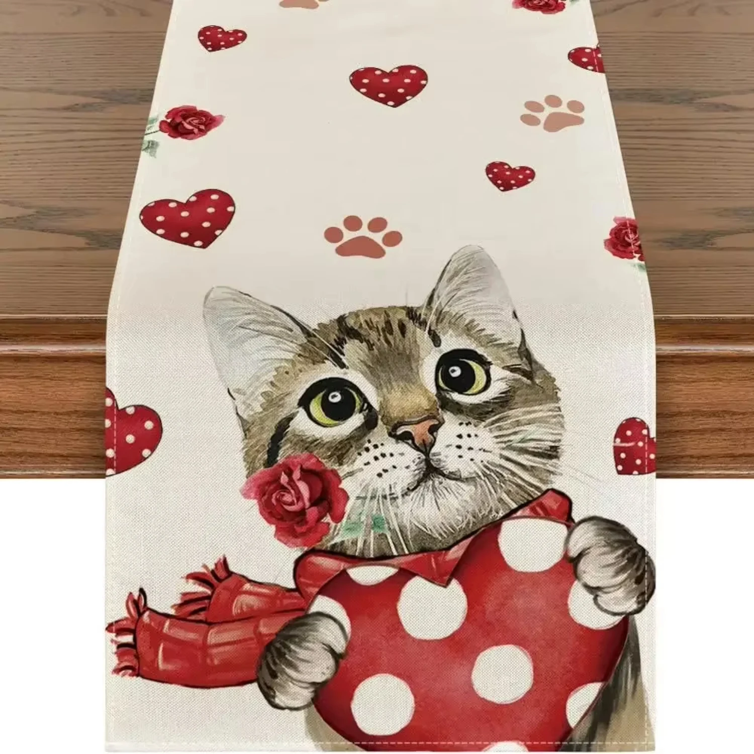 33*183cm Loving Heart Table Runner,Linen Rose Tulip Dining Table Decoration  Wedding Bride Shower Party  Hotel Tablecloth