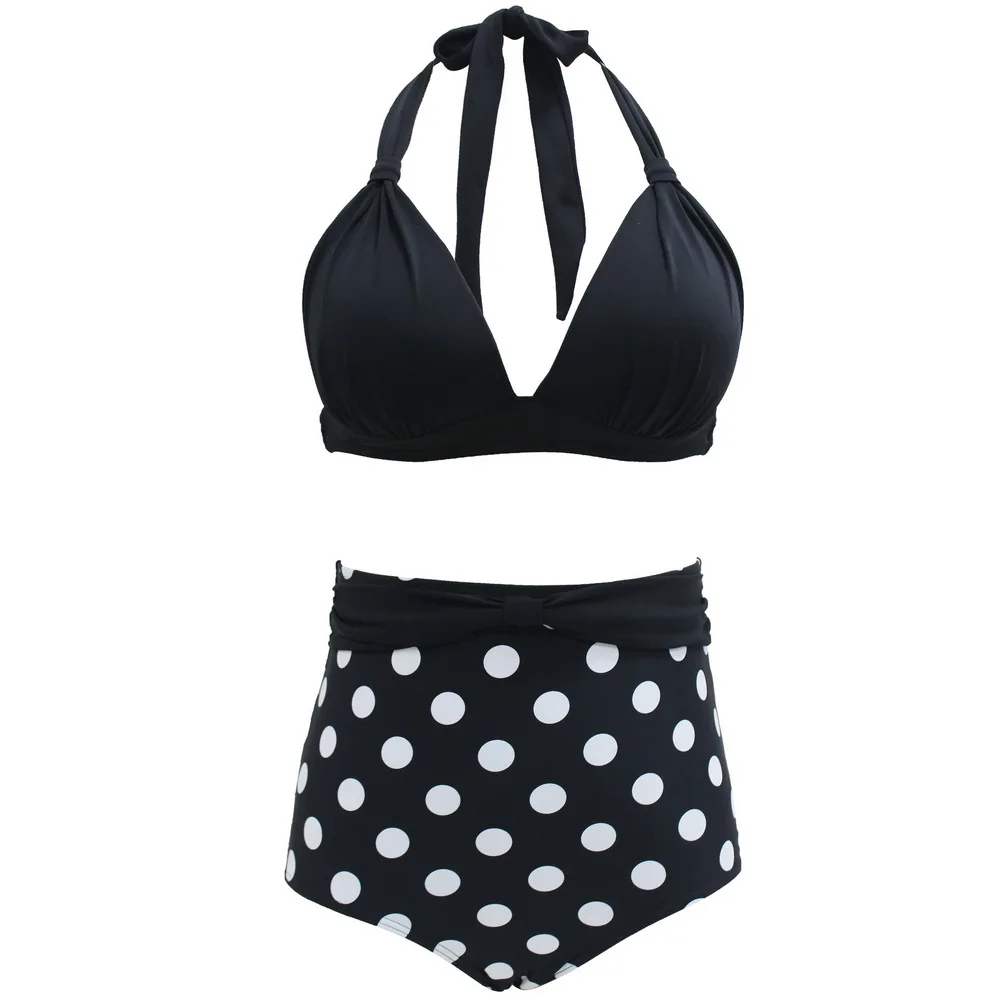 Ruched Bikini Swimsuits Plus Size Women High Waisted Halter Bikini Sets Pleated Solid/Floral/Dots Two-piece Swimwear Wholesale