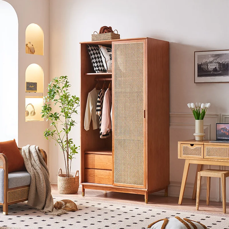 

Rattan ash wood wardrobe household small double door cabinet with drawers partition large capacity locker