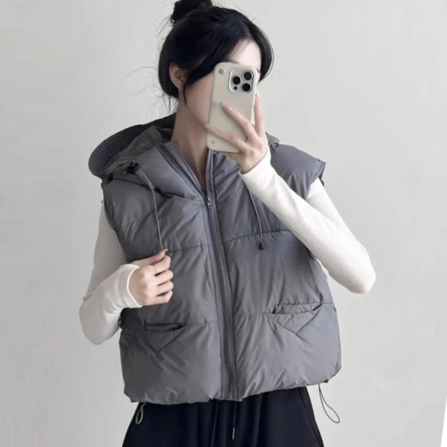 

Women's Hooded Dstring Vest Jaet Warm Cotton Svel Top Layered Winter Faion Casual Comfortable Loose Fit Zipper
