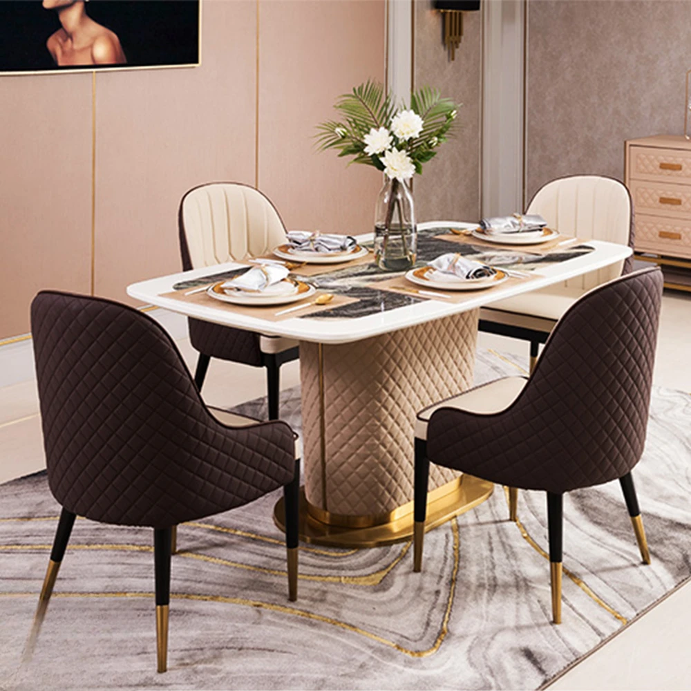 

Набор для столовой: стулья из натуральной кожи и прямоугольный мраморный стол из нержавеющей стали и кожи