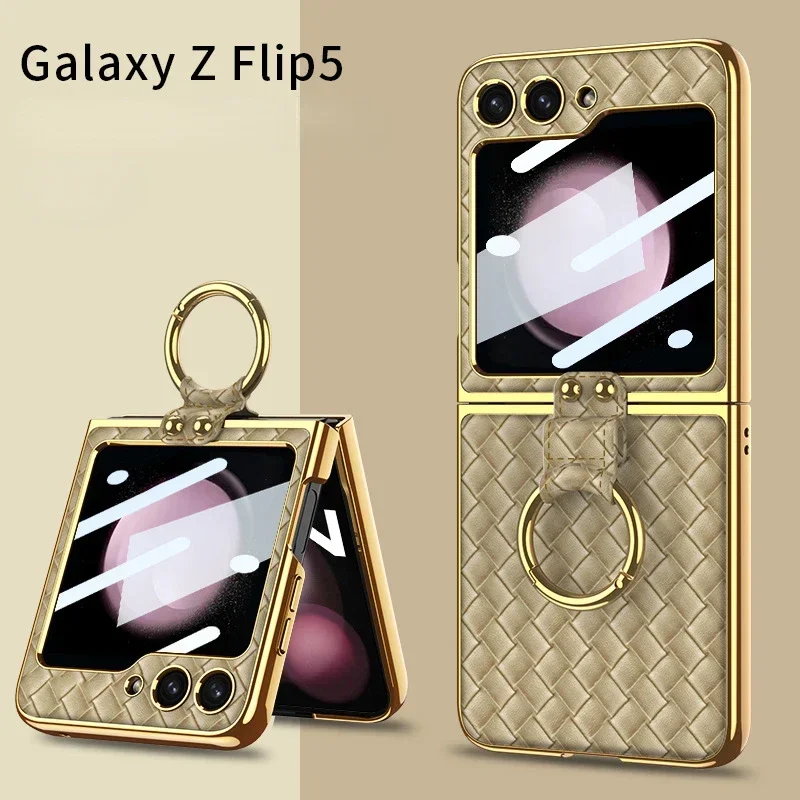 Case for Samsung Z Flip5 Flip4 Z Flip3 Phone Case Woven Leather Pattern with Ring Folding Stand Plain Leather Protective Cover