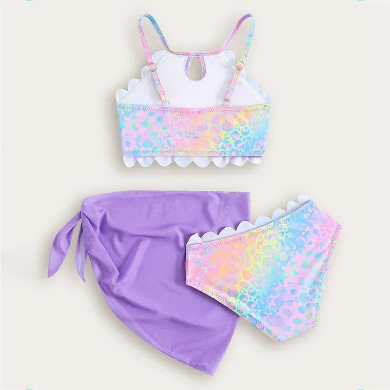 طقم بيكيني مكون من 3 قطع علوي وتنورة ملابس سباحة للفتيات ملابس سباحة للأطفال بدون أكمام مع بيكيني عالي الخصر ومجموعة غطاء