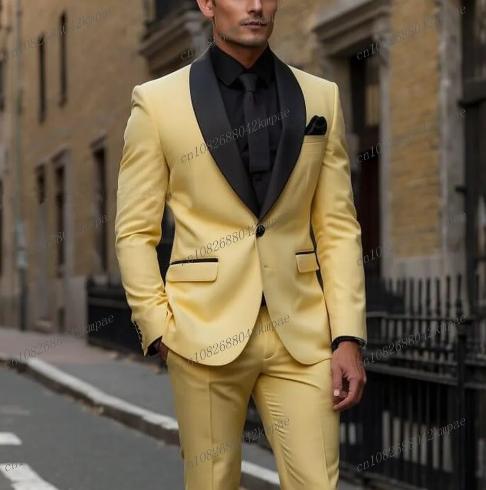 

New Black Lapel Yellow Formal Occasion Men Tuxedos Groom Groomsman Wedding Party Prom Business Male Suit 2 Piece Blazer Pants