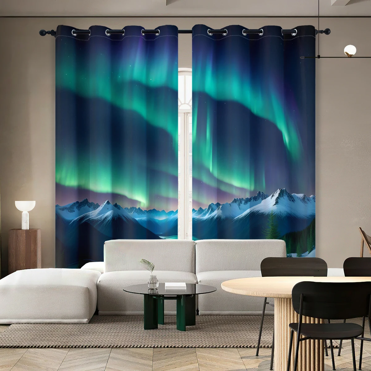 2PC high blackout perforated polyester curtain, double-sided matte, left and right facing, beautiful Nordic scenery aurora