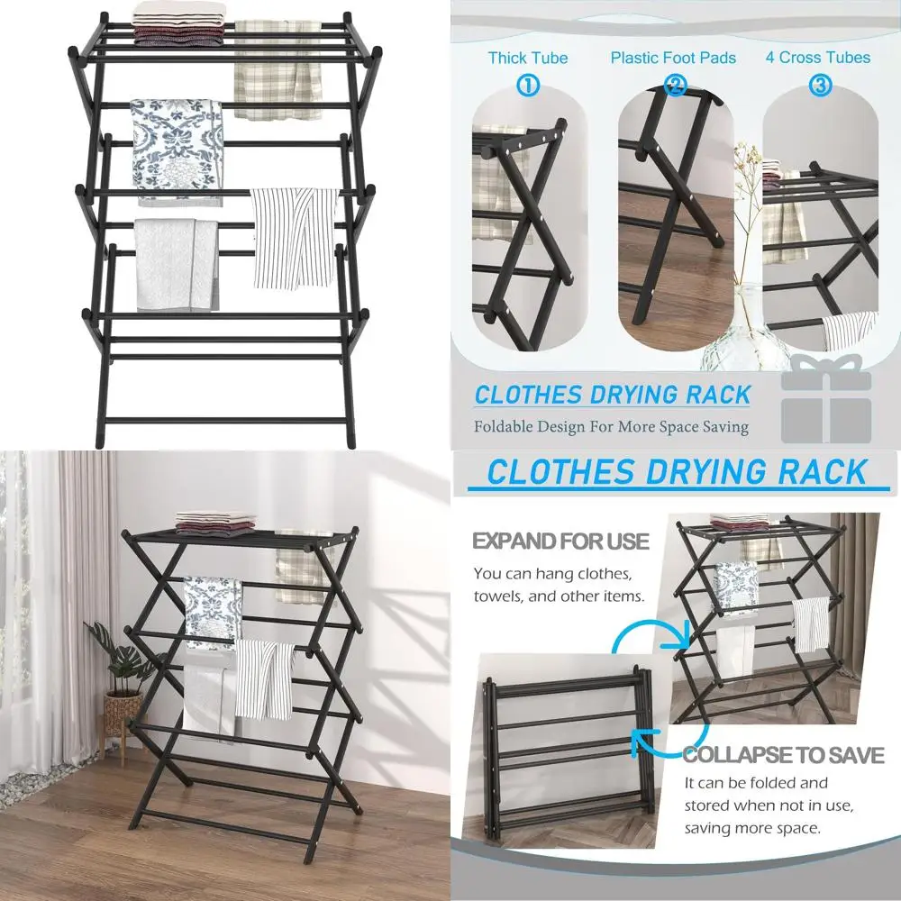 

Compact Folding Laundry Drying Rack for Indoor Use, Ideal for Hanging Clothes and Towels (Black)