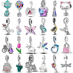 Silver Plated Dangle Charms Cat Butterfly Beads Pendants Fit Original Bangle Bracelet Making Woman Fine Jewelry