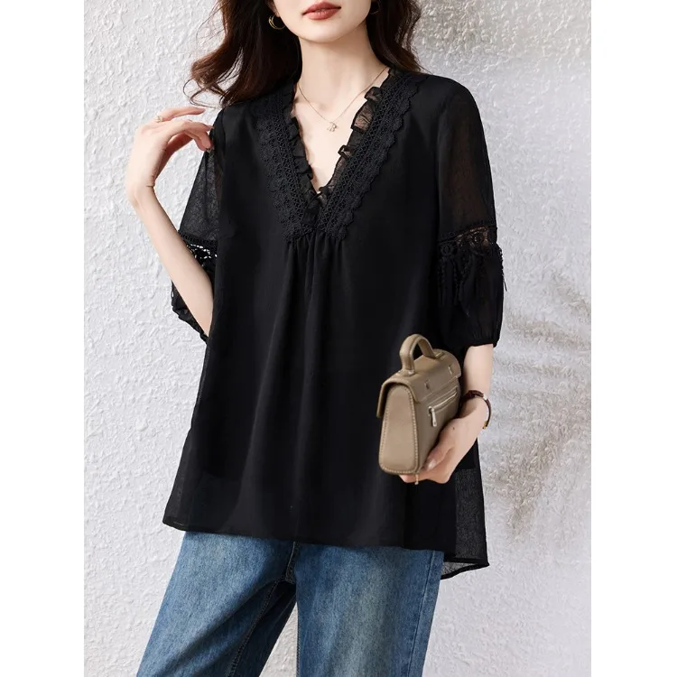 Giuntura in pizzo scava fuori V-Ne Loose irt Colore da donna dimagrante Taglia grande disponibile Cotone estivo Colore puro irt