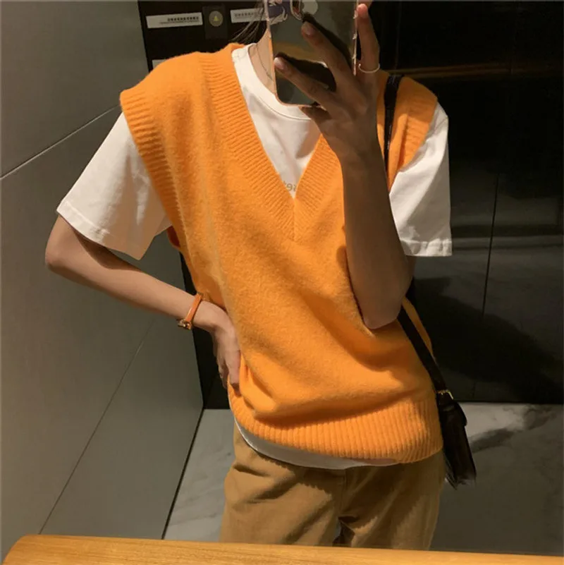 Loose Knitted Orange Vest Women's Autumn New Style V-neck Sleeveless Student Shoulder Pad Loose Sweater Korean Version