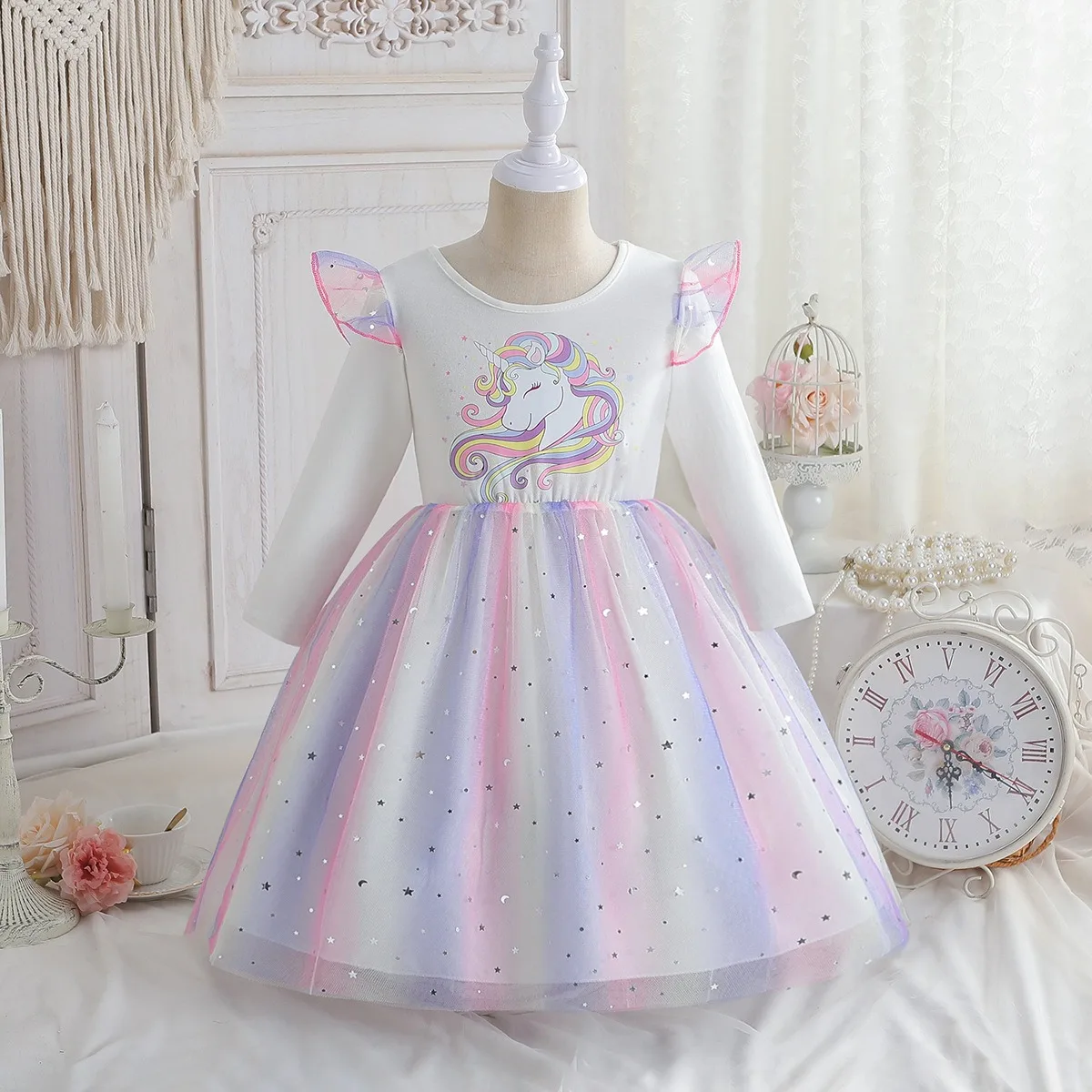 2024 New Princess Dress Unicorn Girls Dress Autumn Spring Kids Clothes Birthday Party Dress Long-sleeved for Children Rainbow