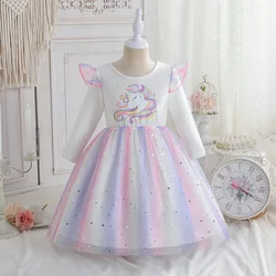 2024 New Princess Dress Unicorn Girls Dress Autumn Spring Kids Clothes Birthday Party Dress Long-sleeved for Children Rainbow