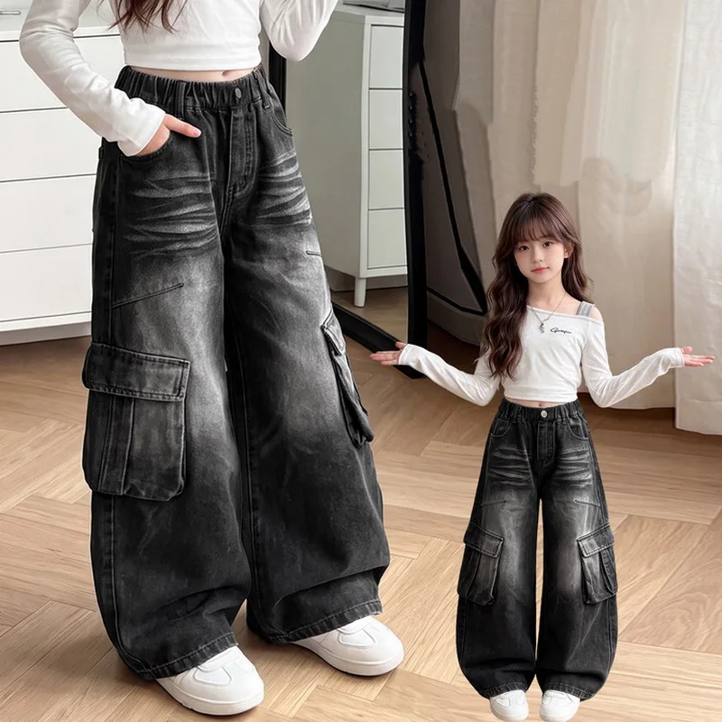 Autumn Wide-leg Cargo Jeans With Pockets for Teen Girls Vintage Casual Denim Pants Child Spring Retro Jeans Trousers Age 4-14Y