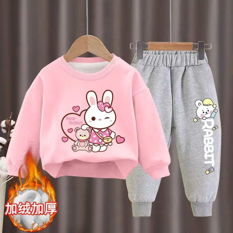 

New Winter Fleece Girls Set Cotton Cartoon Sets Kids Long Sleeve Sports Shirts + Pants Suits 2-10Y Children‘s Clothing Rabbit