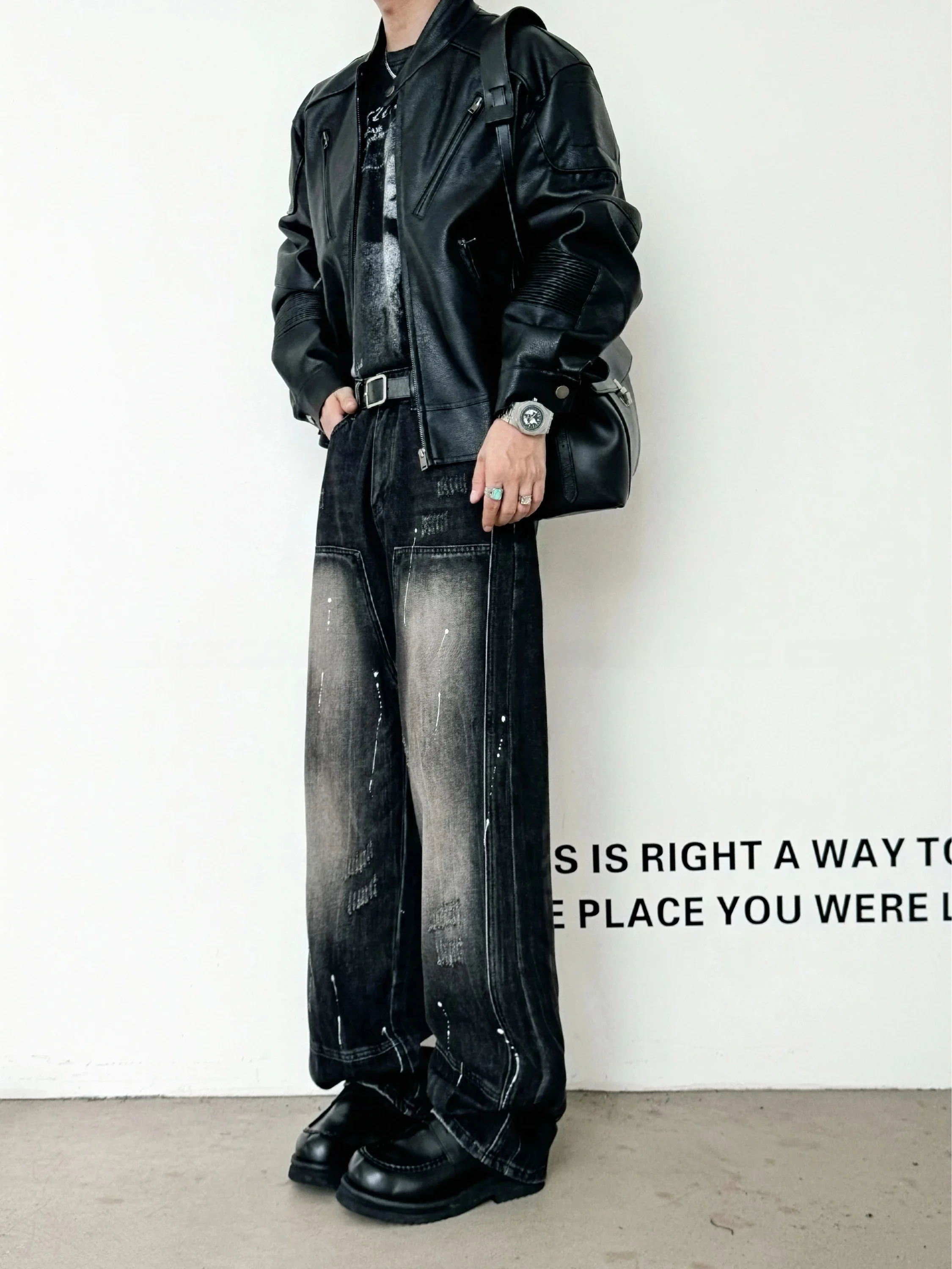 Calças Jeans de Perna Larga Estilo Americano Mrebe, Corte Solto em Denim Preto com Design 3D para Homens e Mulheres, Cintura ...
