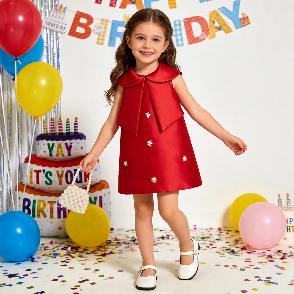 New Fashion Girls Western Style Long-Sleeve Red Princess A-Line Skirt Luxury Handmade Pearl Diamond Dress
