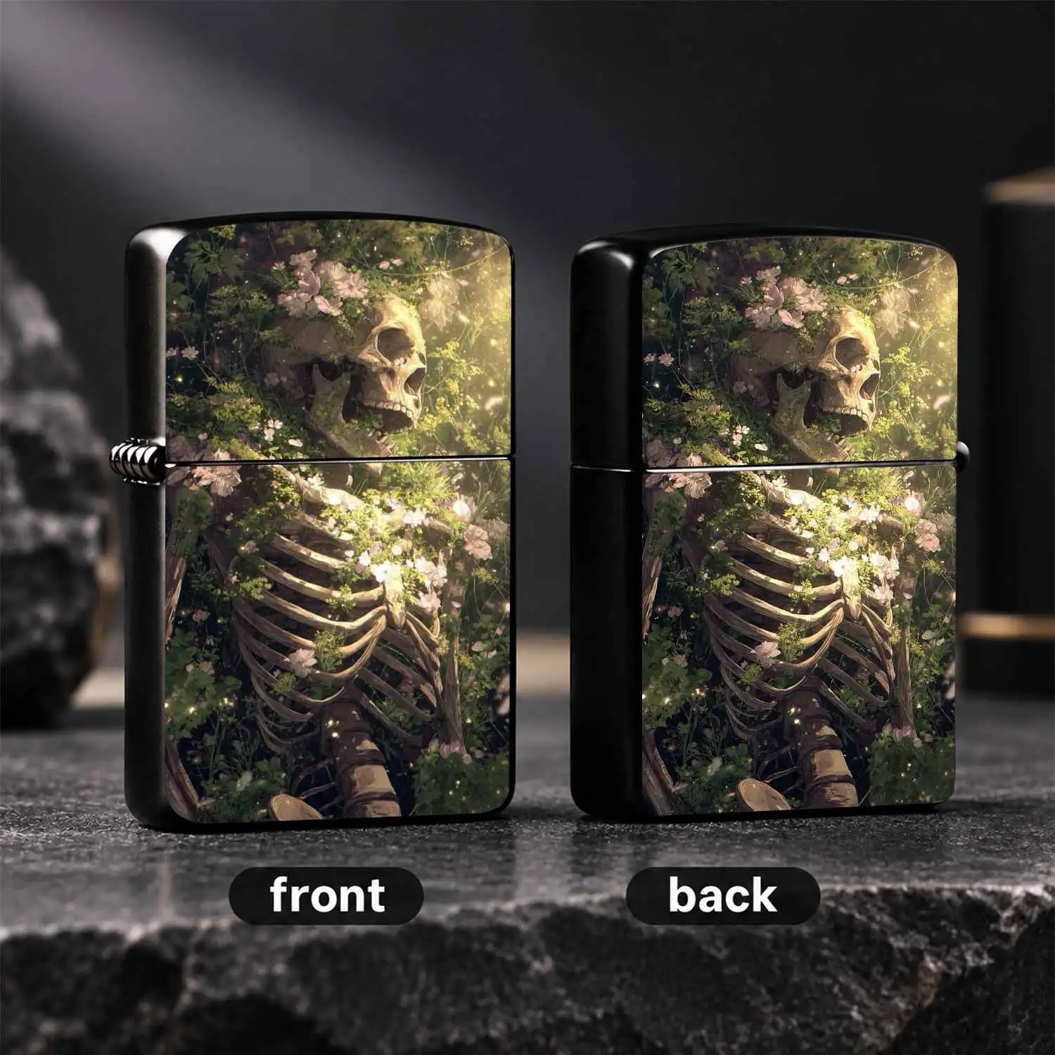 English: Whimsical Skeleton Overgrown With Blossoms & Greenery Art Lighter, Aesthetic Decorative Pocket Tool For Daily Use, Outdoor Camping, Gifting, Unique Artistic Collectible, Soft Sunlight Floral Themed Portable Igniter For All Occasion