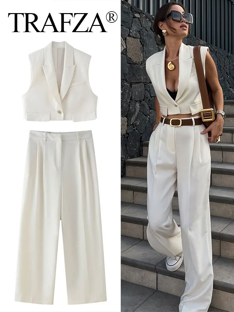 TRAFZA 2024 Summer Women Fashion Trousers Set V Neck Single Button Short Vest Top + Versatile Street Female Wide Leg Long Pant