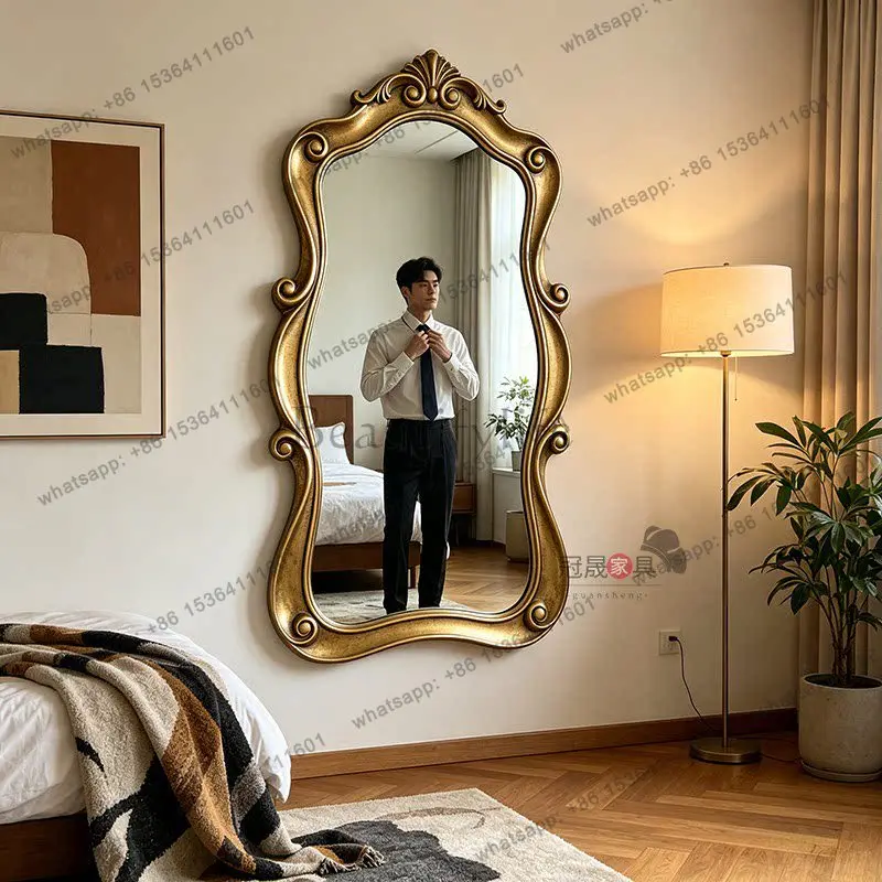 American retro carved irregular special-shaped wall-mounted full-length mirror bedroom European floor-to-ceiling fitting mirror