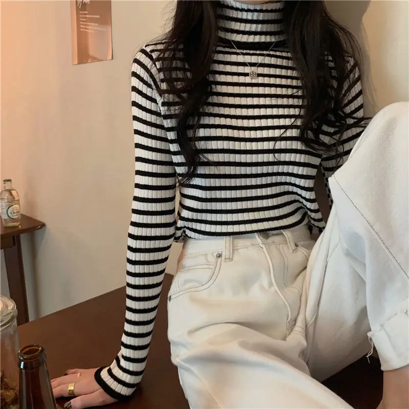 Women Striped Turtleneck Pullovers Elegant Slim All-match Simple Vintage College Autumn Gentle Fashion Design Korean Style Mujer