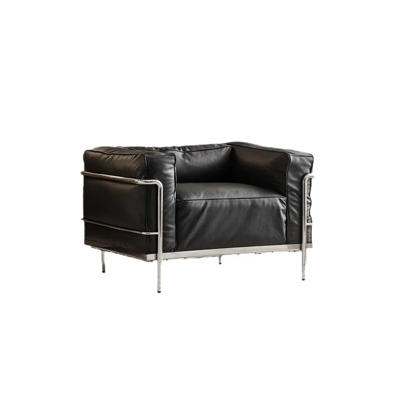 

Leather single sofa stainless steel straight row living room home minimalist lazy leisure sofa chair