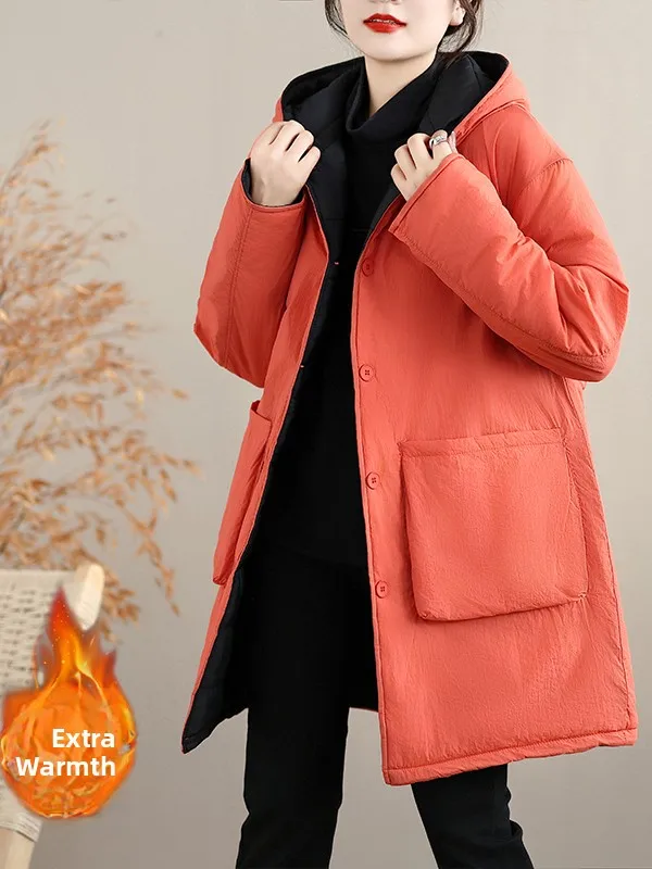 

Authentic Thiened Long Cotton Jaet Women's Warm Coat Korean Sle Winter Outerwear Hooded Mid-Length Padded Coat