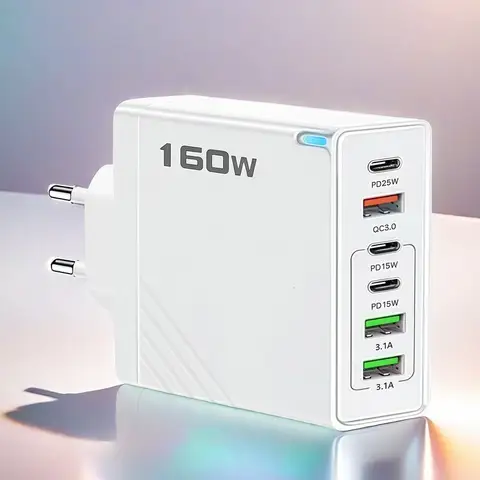 160W 6 Ports Fast Charger USB Type C Quick Mobile Phone Charger EU US UK Plug Charger Adapter For iPhone 16 Pro Samsung Xiaomo